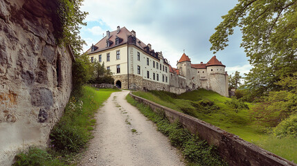 Historic stone castle with red rooftops and lush green surroundings along a scenic gravel path.