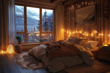 A bedroom with a cozy and soft bedding