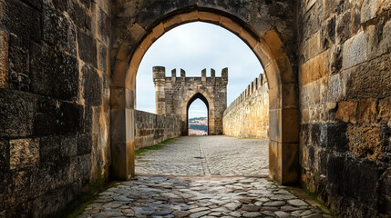 Stone archway leading to a historic castle courtyard with cobblestone path and distant view of a town under the cloudy sky.