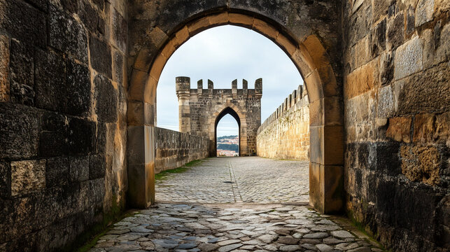Stone archway leading to a historic castle courtyard with cobblestone path and distant view of a town under the cloudy sky. - Powered by Adobe