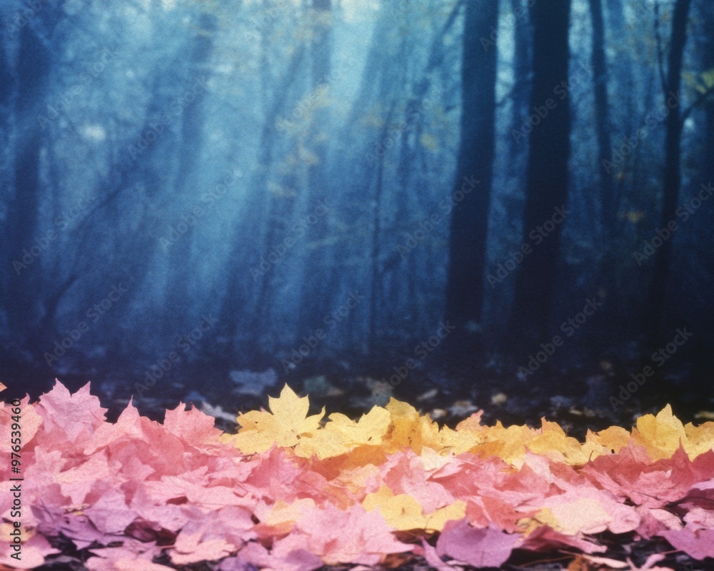 Poster surreal autumn forest with colorful fallen leaves in misty atmosphere