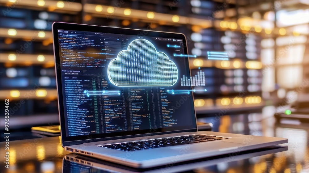 Poster cloud computing concept with laptop and code on screen