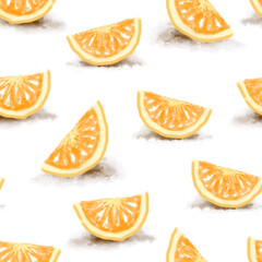 Watercolor orange slice seamless pattern on white background.