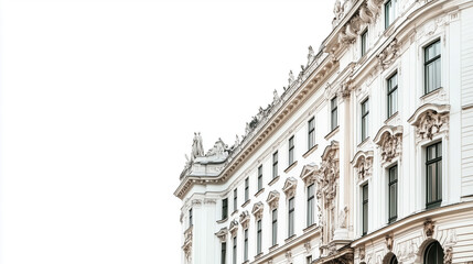 Fototapeta premium An elegant historic white building with intricate architectural details and large windows against a stark white sky.