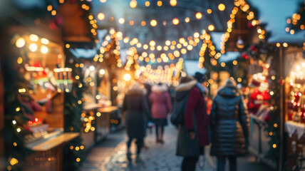 Fototapeta premium A lively Christmas market with glowing fairy lights, festive stalls and people enjoying the holiday atmosphere as snow falls gently
