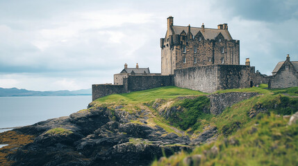 A historic stone castle with a rugged coastline and lush greenery in the foreground under a partly cloudy sky.
