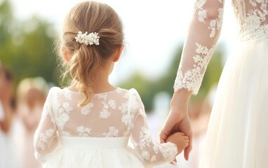 Elegant Moment Woman and Young Girl Holding Hands at Family Celebration in Matching Dresses