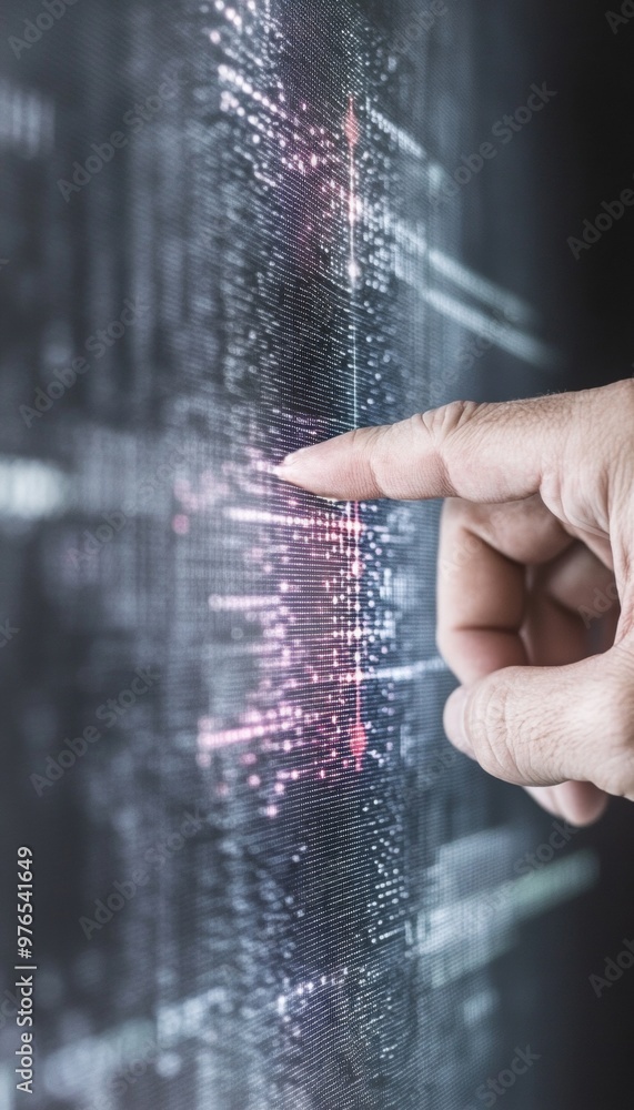 Poster Cybersecurity Professional Pointing to Digital Board with Visual Data on Security Threats