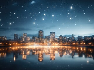 Fototapeta premium A serene city skyline reflecting on water under a starry night sky, showcasing vibrant lights and a tranquil atmosphere.