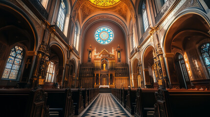 Fototapeta premium A stunning interior of a grand cathedral with ornate arches, stained glass windows, and intricate details, illuminated by warm, glowing sunlight.