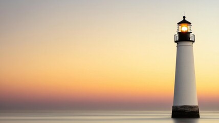 A serene lighthouse standing majestically against a colorful sunset, illuminating the calm waters of the sea.