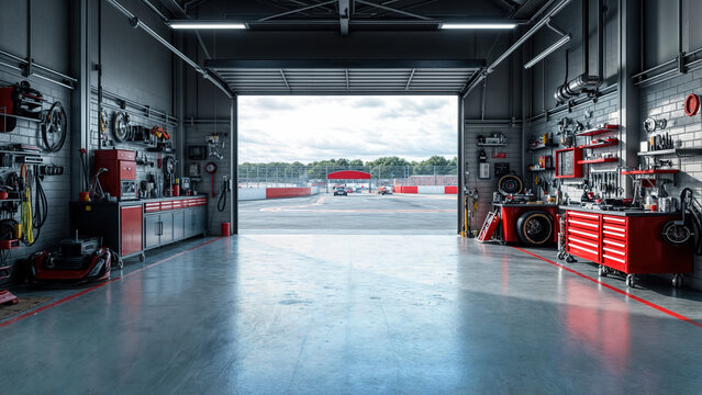 Car service garage with open roller door leading to race track