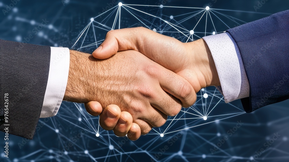 Poster business handshake with abstract network connection