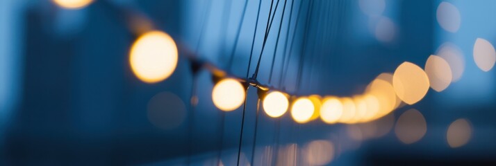 Lights on a bridge create a beautiful bokeh effect in a twilight urban scene, conveying a sense of modernity, beauty, and the fascinating allure of city life.