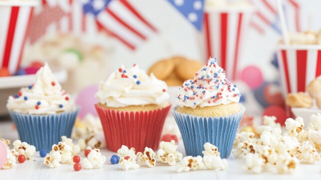 Patriotic Themed Party with Red, White, and Blue Cupcakes, Popcorn, and Flag Decorations for Election 2024 Celebration