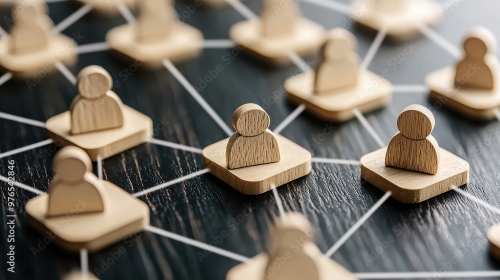 Poster wooden human figures connected by strings on a dark background network concept