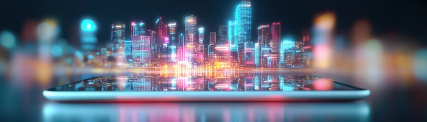 A sleek smartphone displaying a vibrant city skyline, illuminated by neon lights, showcasing modern technology and urban lifestyle.
