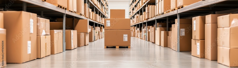 Poster a spacious warehouse aisle filled with neatly stacked cardboard boxes ready for distribution and sto