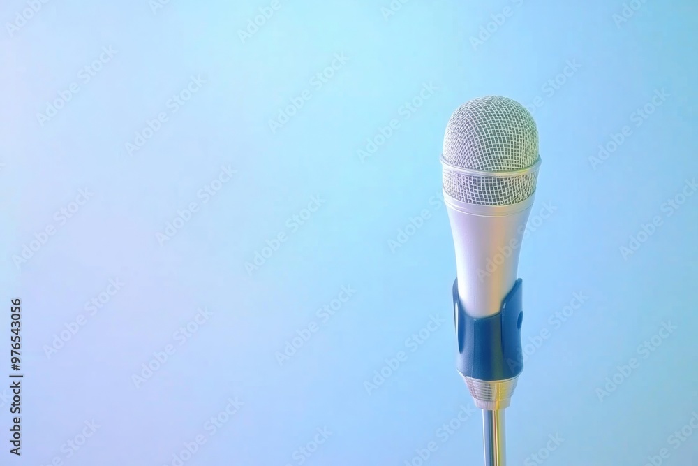 Poster Clean Minimalist Microphone on Stand Against White Background for Public Speaking