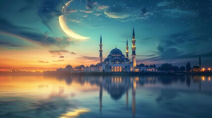 Naklejka premium A crescent moon shines brightly above a mosque at dusk, reflected in still water.