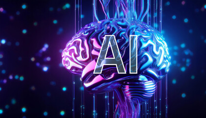光ケーブルに接続されている人工知能のイメージ。紫と青に光るメタリックな脳とAIの文字。輝くボケの背景。