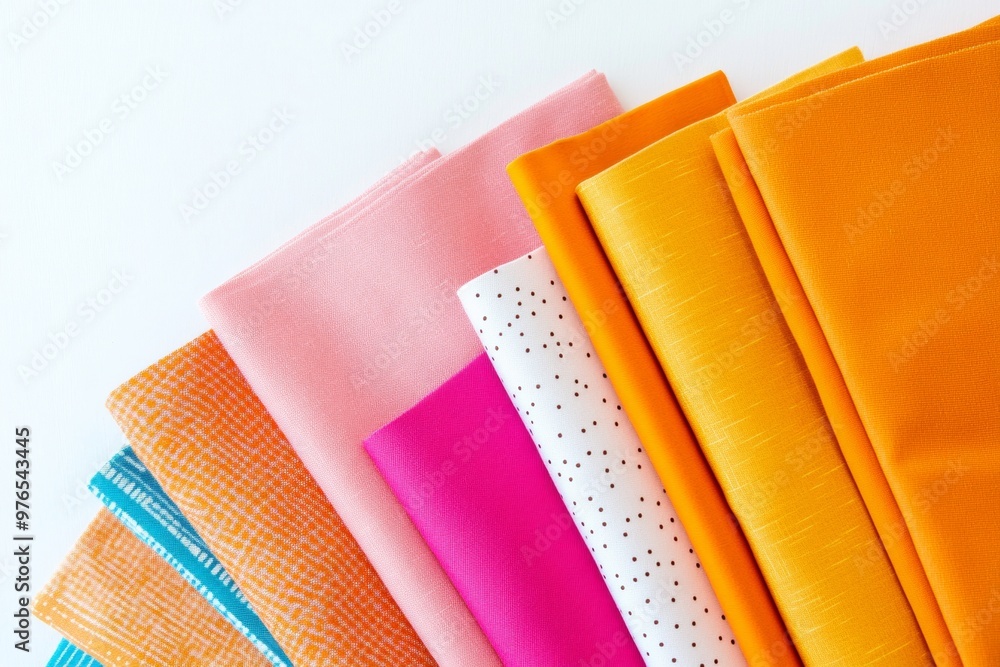 Aufkleber Flat Lay of Colorful Fabric Samples with Stripes and Polka Dot Patterns on White Background