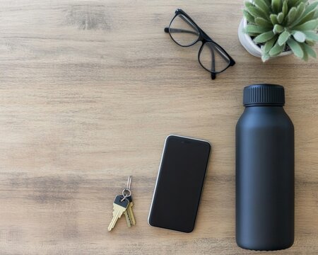 Minimalist Desktop Essentials Reusable Bottle, Smartphone, Keys, Glasses, and Plant on Wooden Surface