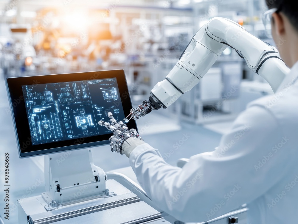 Poster A technician operates a robotic arm while analyzing data on a touchscreen in a modern manufacturing facility.