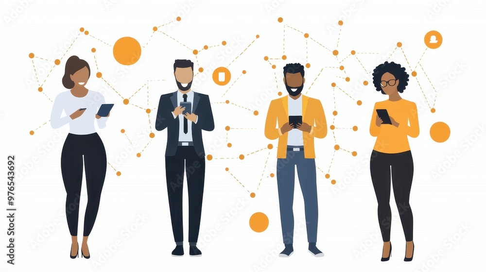 Aufkleber diverse group of people using mobile devices connected by network