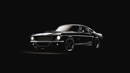A black car is parked in the dark. The car is a classic and has a vintage look
