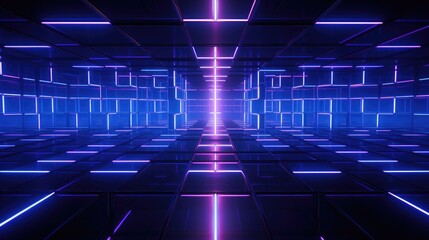 Abstract neon lights in a dark room create a digital and futuristic feel.