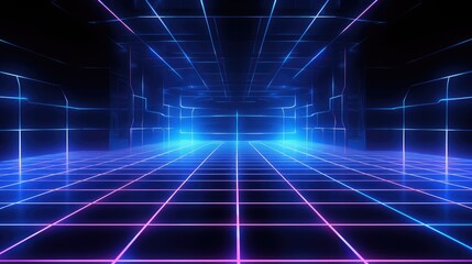 Fototapeta premium Abstract glowing grid pattern with blue and pink neon lines on a black background.