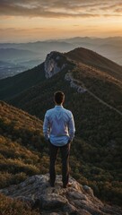 Fototapeta premium Businessman at the top, celebrating his success with a breathtaking view.