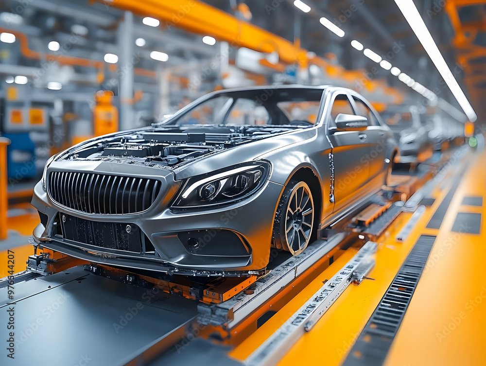 Poster 3d illustration of a modern car on an assembly line in a factory setting