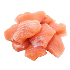 Fresh Salmon Fillets Cut into Bite-Sized Pieces for Cooking.