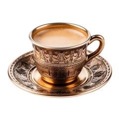 Elegant Coffee Cup with Intricate Design and Saucer Set.