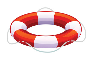 Lifebuoy with white accents and rope. Rescue ring vector cartoon illustration