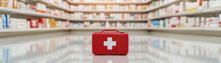 Obraz premium A vibrant red first aid kit stands out in a well-stocked pharmacy, emphasizing health and safety in a professional environment.