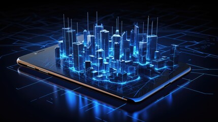 A futuristic cityscape rendered in blue light, emerging from a smartphone screen, symbolizing the intersection of technology and urban living.