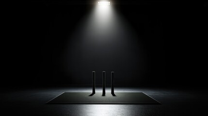 Cricket pitch with a black background and a spotlight shining on the stumps
