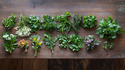 A variety of edible wild plants, including clover and purslane, arranged on a rustic table for identification 