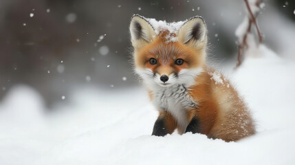 Obraz premium Brown fox cubs in the snow field winter spread