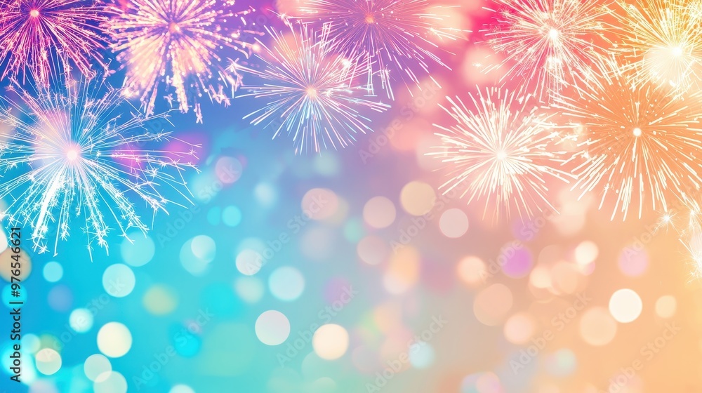 Poster colorful fireworks display with bokeh lights background