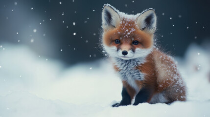 Fototapeta premium Brown fox cubs in the snow field winter spread