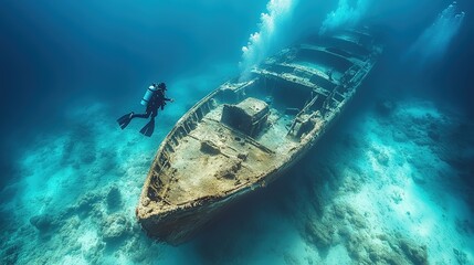 Diver Explores Sunken Shipwreck in Clear Waters. Generate Ai Image
