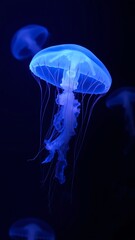 A luminous jellyfish gracefully floats through dark waters illuminated by blue light in an underwater environment