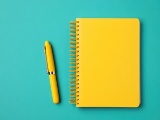 Bright yellow notebook and pen on a teal background, perfect for creative note-taking or planning.