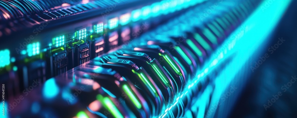 Aufkleber close-up of a digital server with vibrant glowing lights creating a futuristic atmosphere in technol