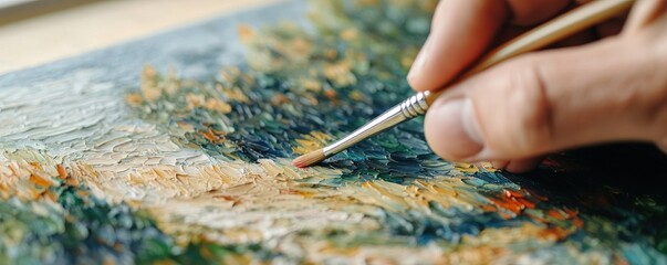 Close-up of a hand painting with a brush on a colorful canvas, showcasing the art of creativity and skill in fine arts.