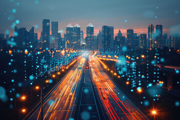 Fototapeta premium At night, the light trajectory of the taillights of fast-moving vehicles on city roads